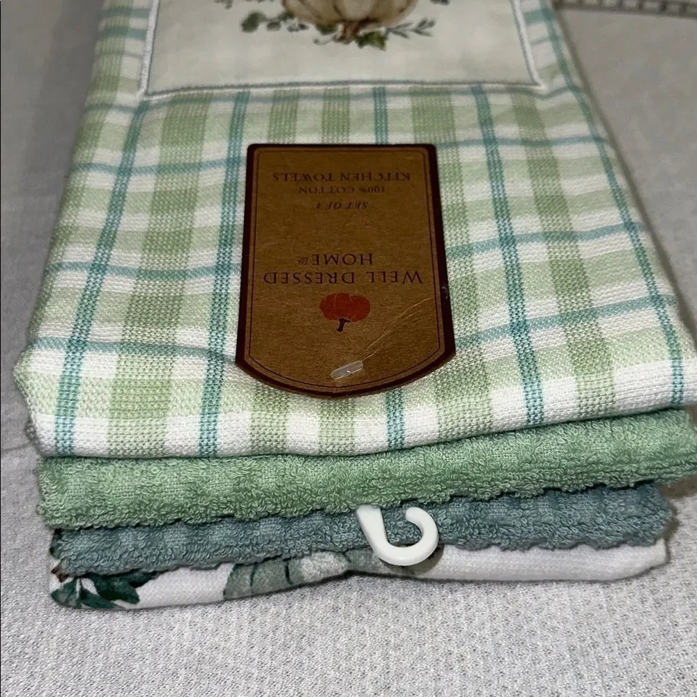 WDH White Blue Green Cotton Fall Harvest Pumpkin Kitchen Towels